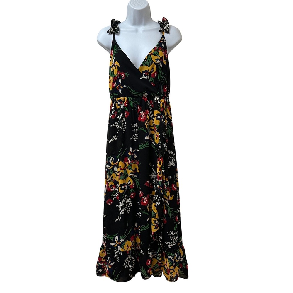Madewell Ruffle Strap Faux Wrap Maxi Dress Black Multi L8528 Women's Size 4 NWT